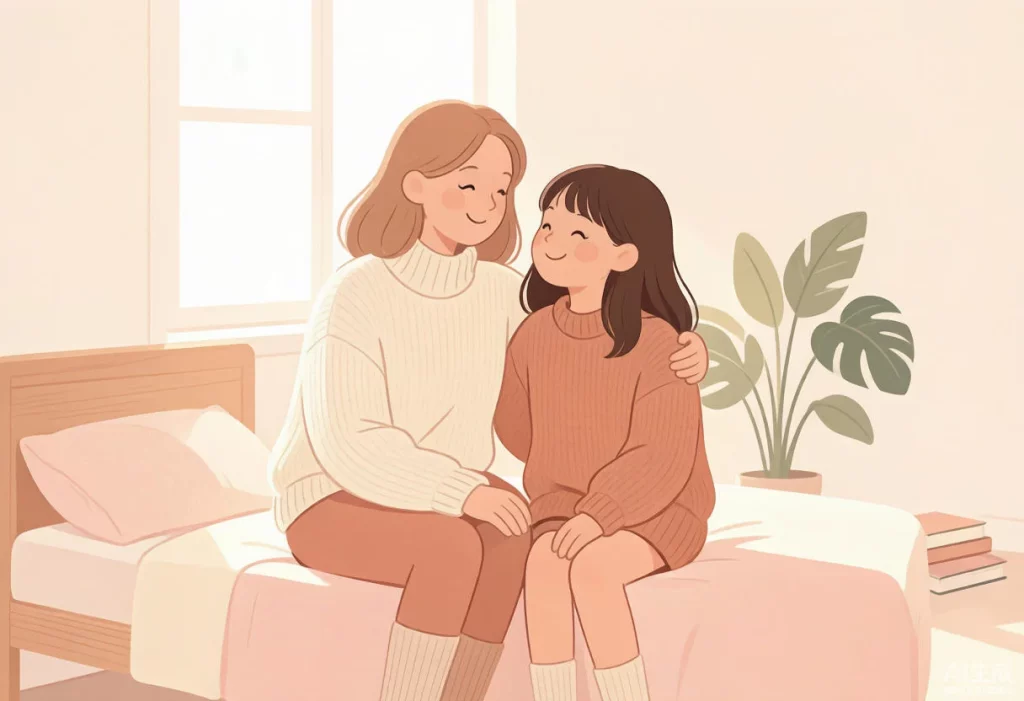 Illustration of a mother and her preteen daughter sitting side by side on a bed, smiling at each other while they talk in a sunny bedroom.